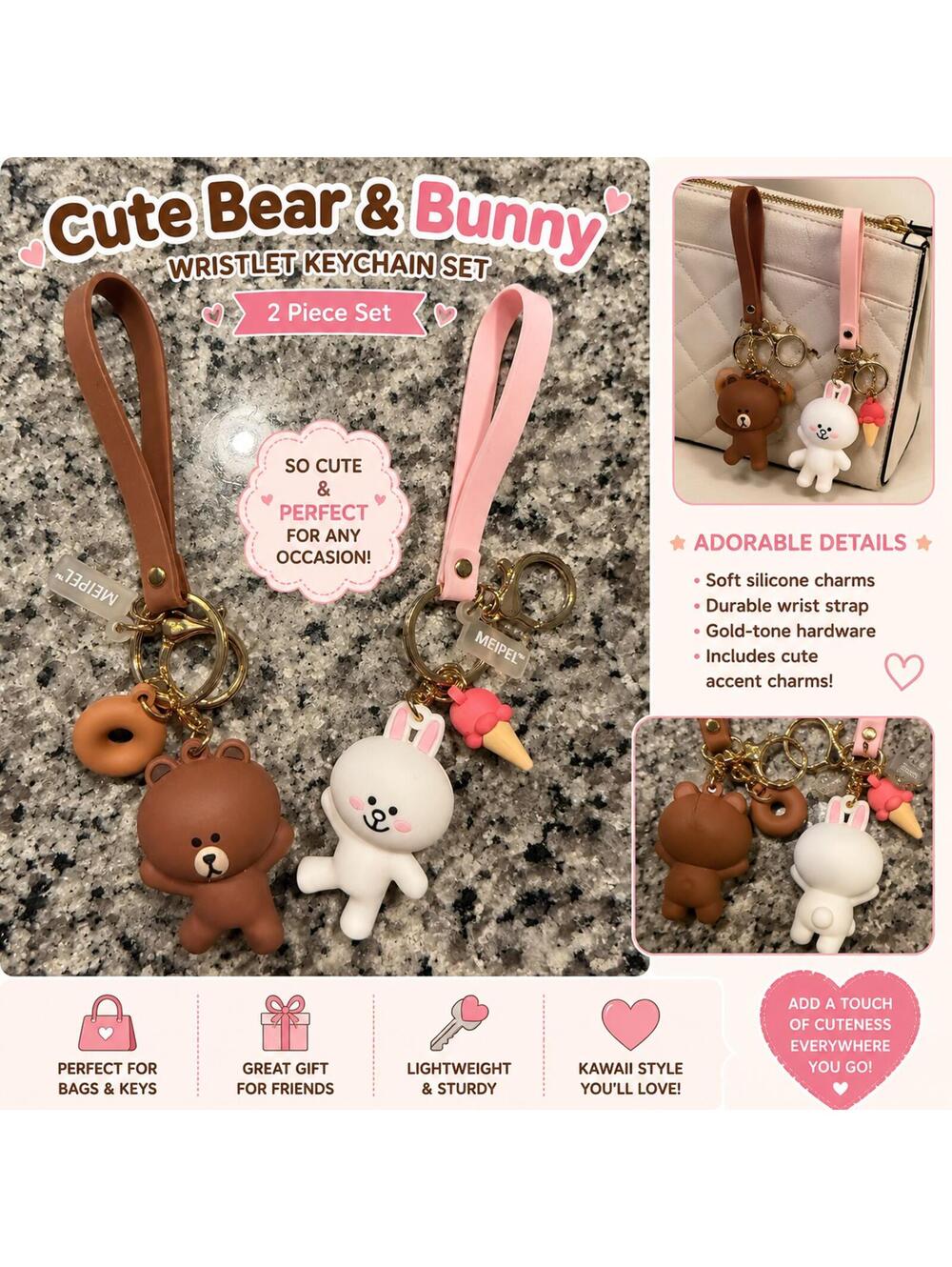 Cute Bear & Bunny Wristlet Keychain Lot Kawaii Animal Purse Charm Accessory Set